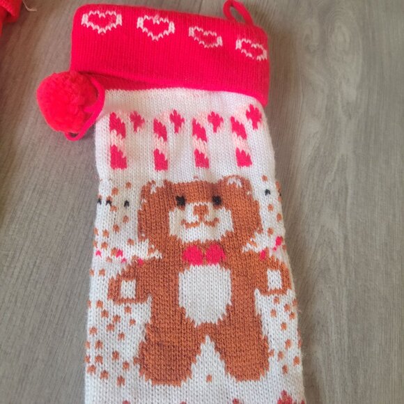 Vintage ROC Christmas Knitted Stockings Set Of 2 Angel & Bear Designs Red/White - Picture 5 of 9